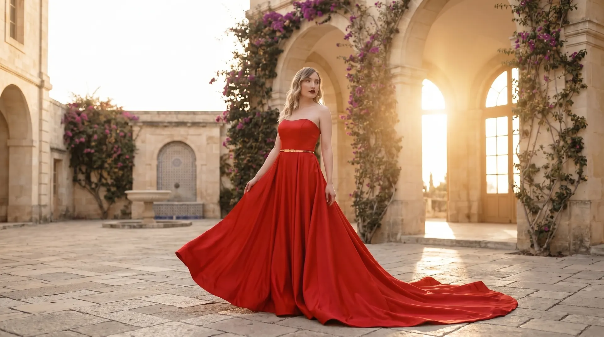 Bride in red satin A-line gown in a Baissour stone courtyard